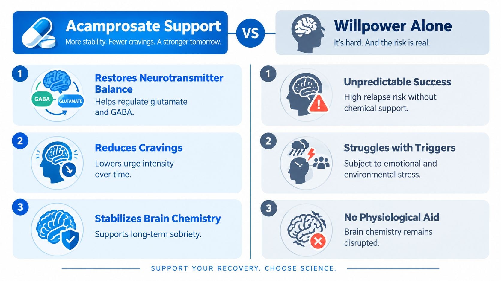 Infographic comparing an alcohol-affected brain with a brain where acamprosate helps restore neurotransmitter balance.