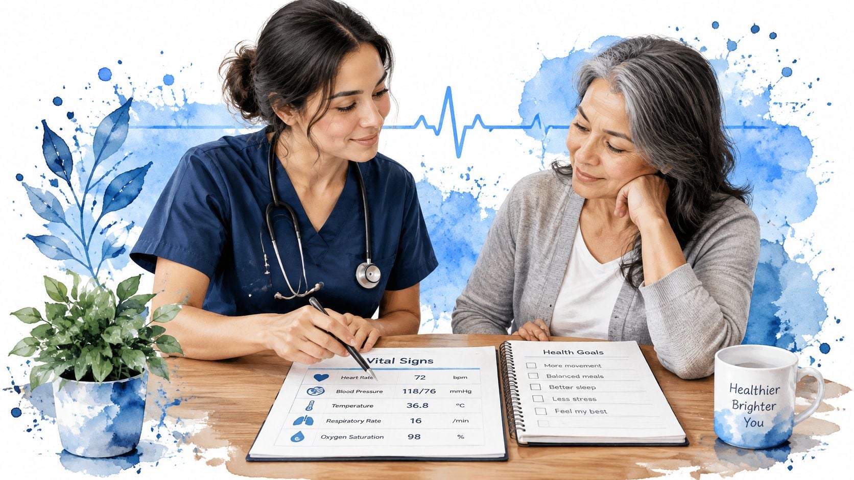 A healthcare professional discusses vital signs and health goals with an elderly patient at a table.