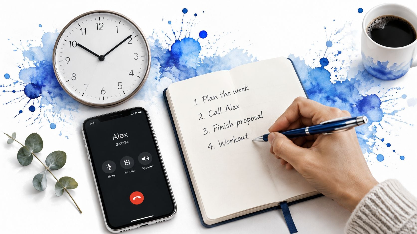 A hand writes a to-do list in a notebook near a smartphone, clock, and coffee cup.