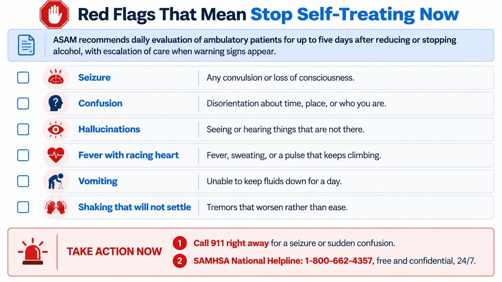 A medical infographic listing critical red flag symptoms of alcohol withdrawal that require immediate medical attention.