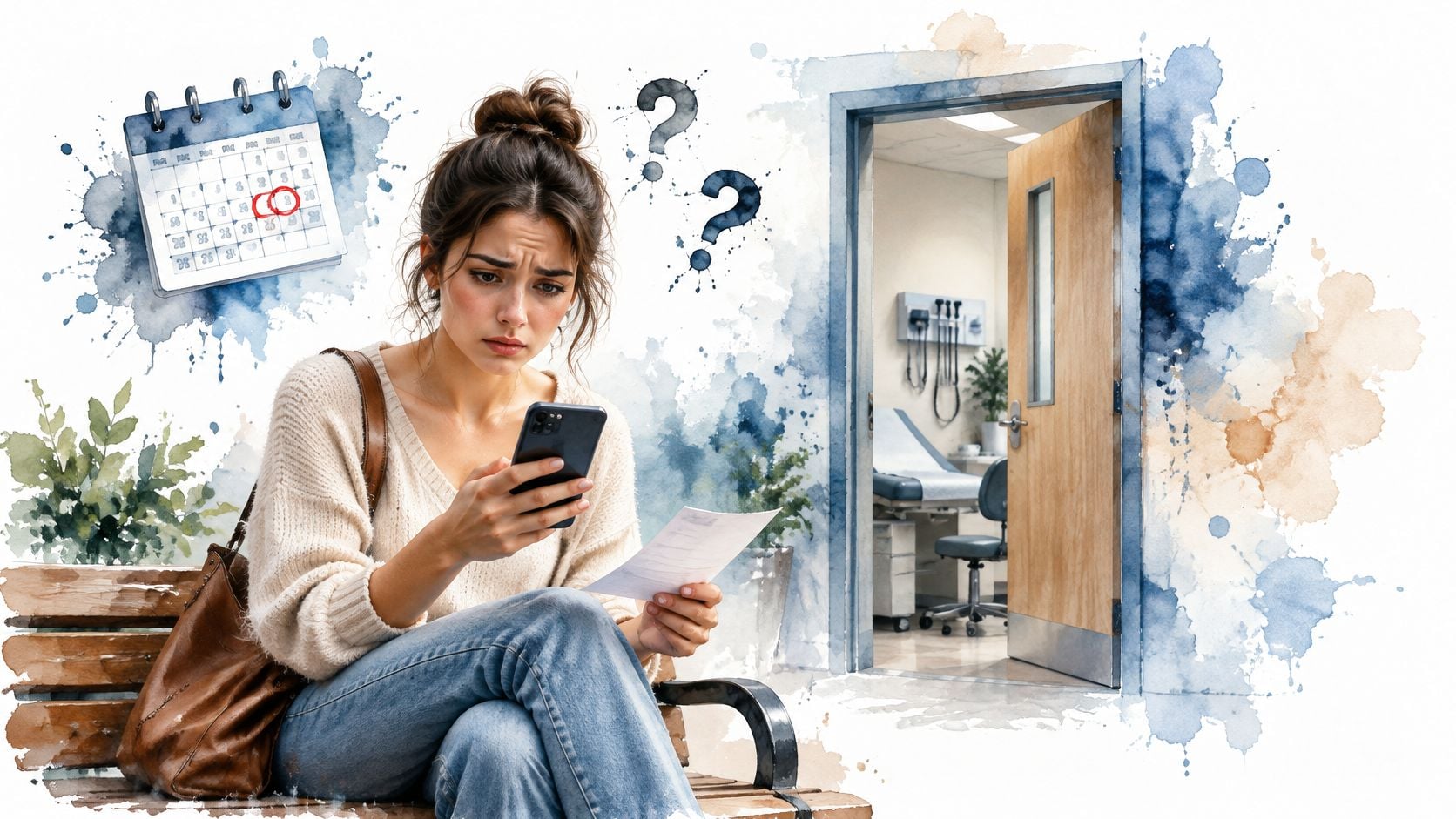 A concerned young woman sits on a bench looking at a phone and document regarding medical appointments.