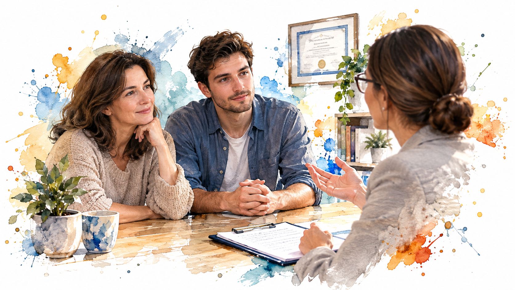 A professional counselor discusses dual diagnosis treatment options with a couple during a therapy consultation session.