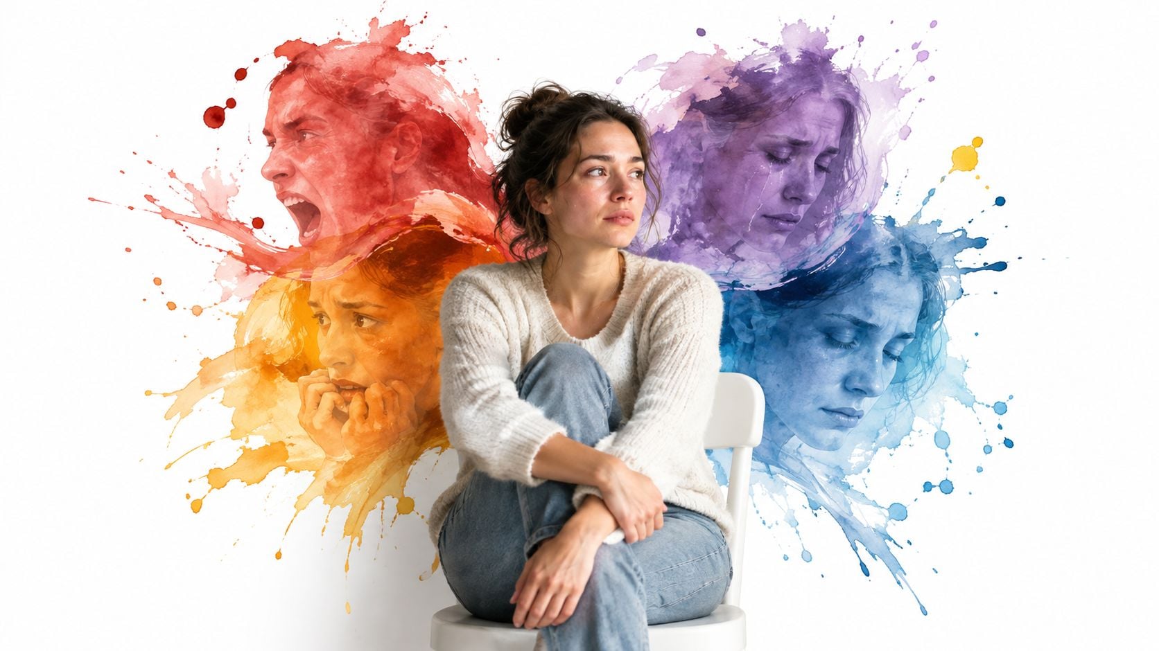 A young woman sits thoughtfully while surrounded by watercolor artistic expressions representing different intense emotional states.