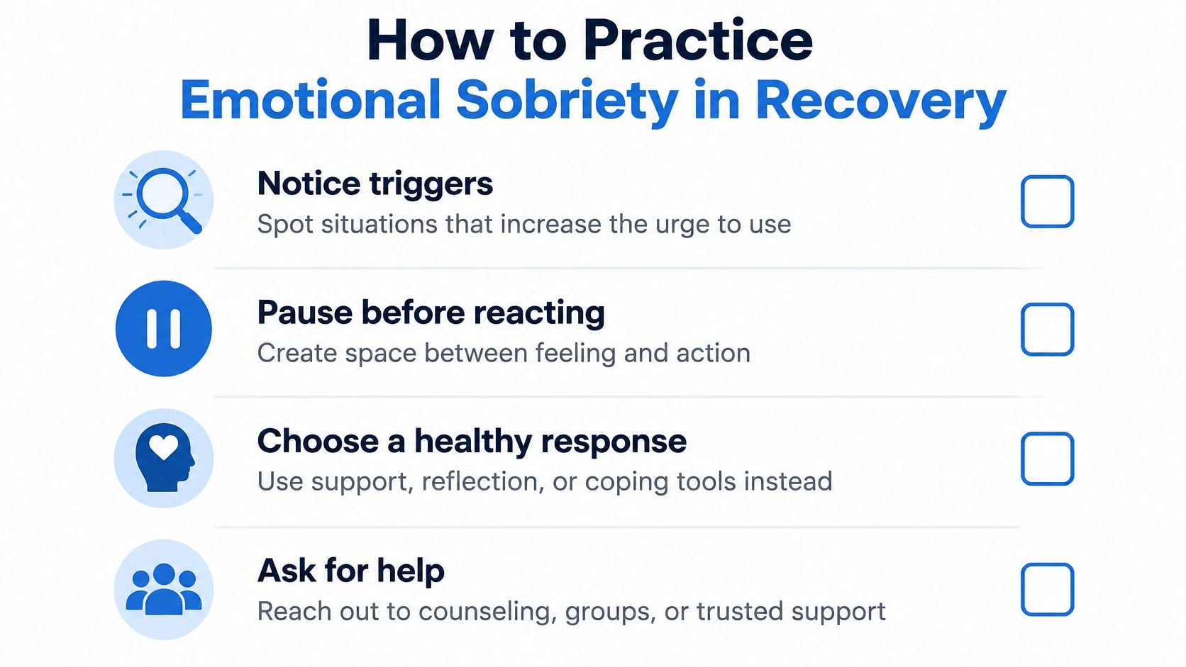 A checklist infographic titled How to Practice Emotional Sobriety in Recovery showing four essential steps.