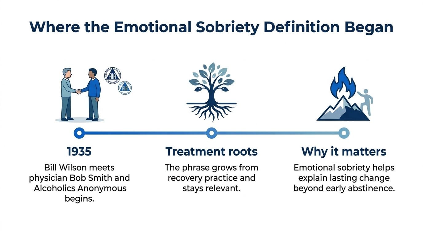 A timeline graphic illustrating the origins of emotional sobriety starting from the founding of Alcoholics Anonymous.