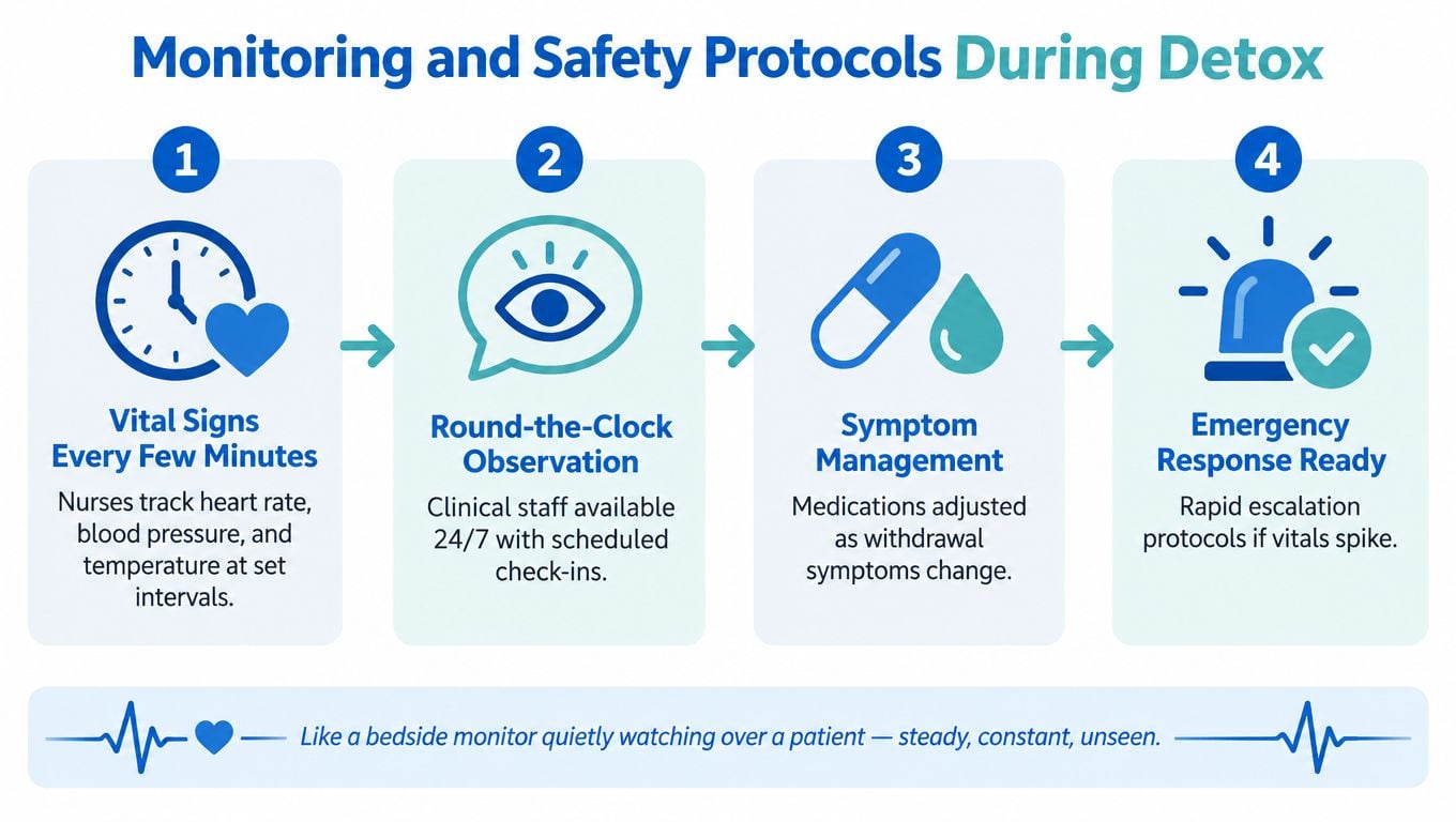 An infographic detailing the four-step safety and monitoring protocols used during a medical drug detox process.