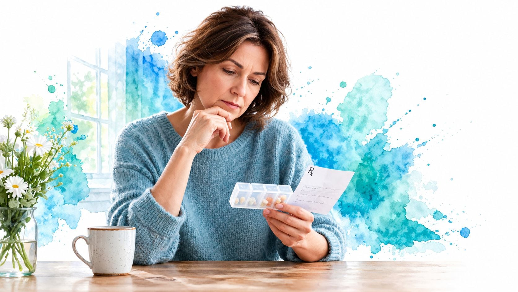A woman in a blue sweater sits at a table checking a medication pill organizer and prescription.
