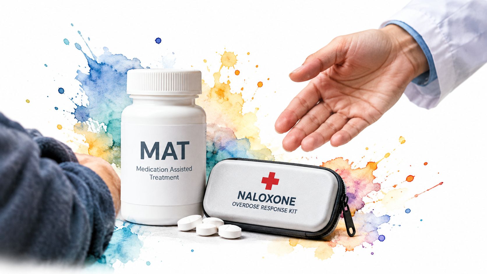 A healthcare provider offering a Medication Assisted Treatment bottle and a naloxone overdose response kit.