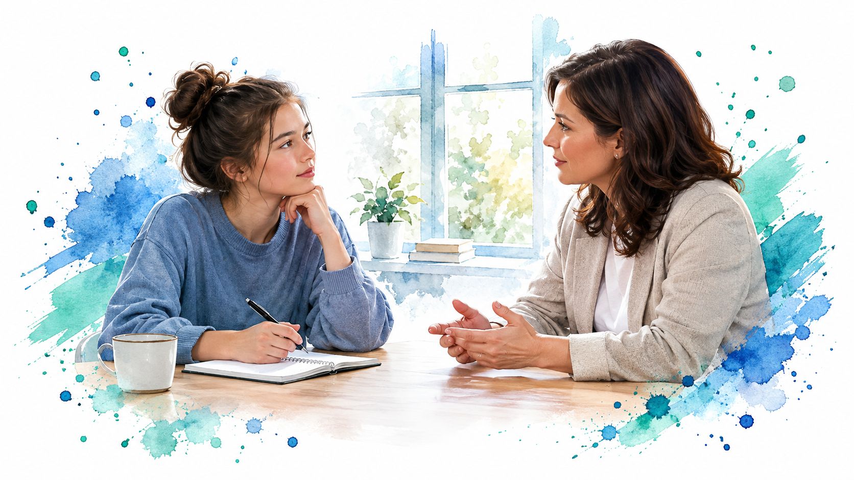 A counselor and a young woman sitting at a table having a supportive therapy session discussion.