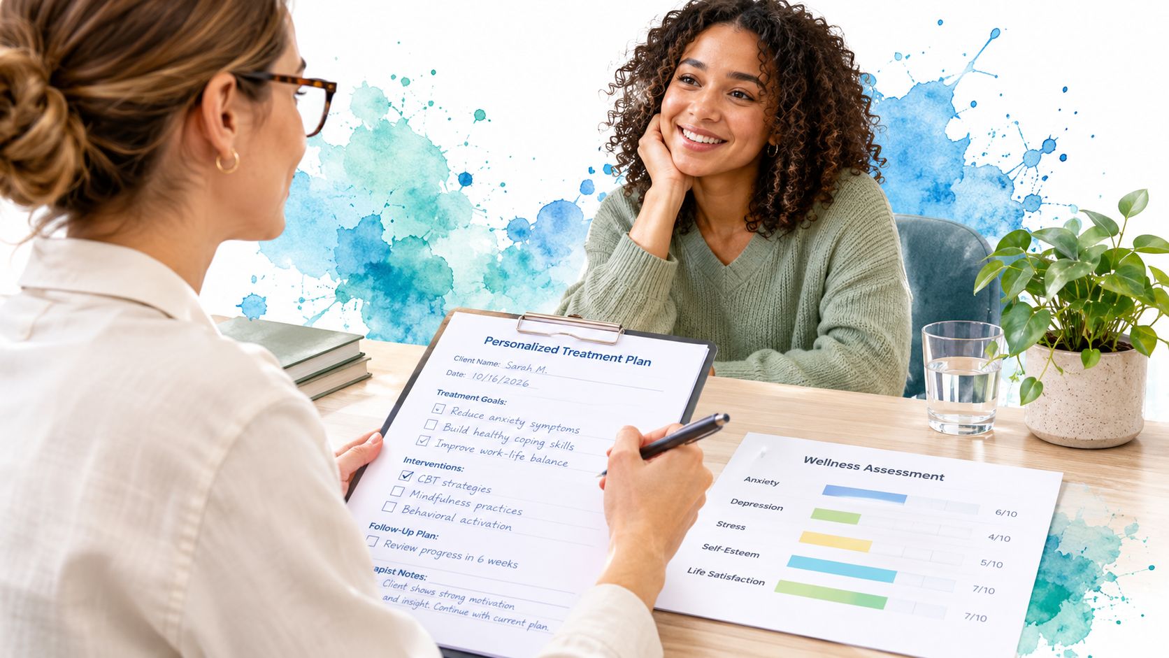 A professional therapist reviews a personalized treatment plan with a smiling female patient during a counseling session.