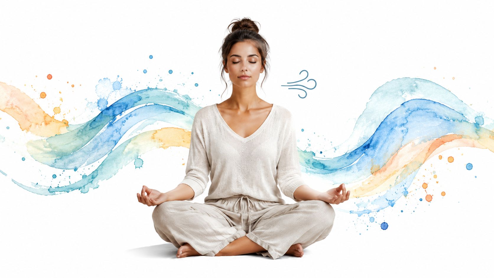 A calm woman meditating in a cross-legged position surrounded by artistic watercolor swirls representing peaceful breathing