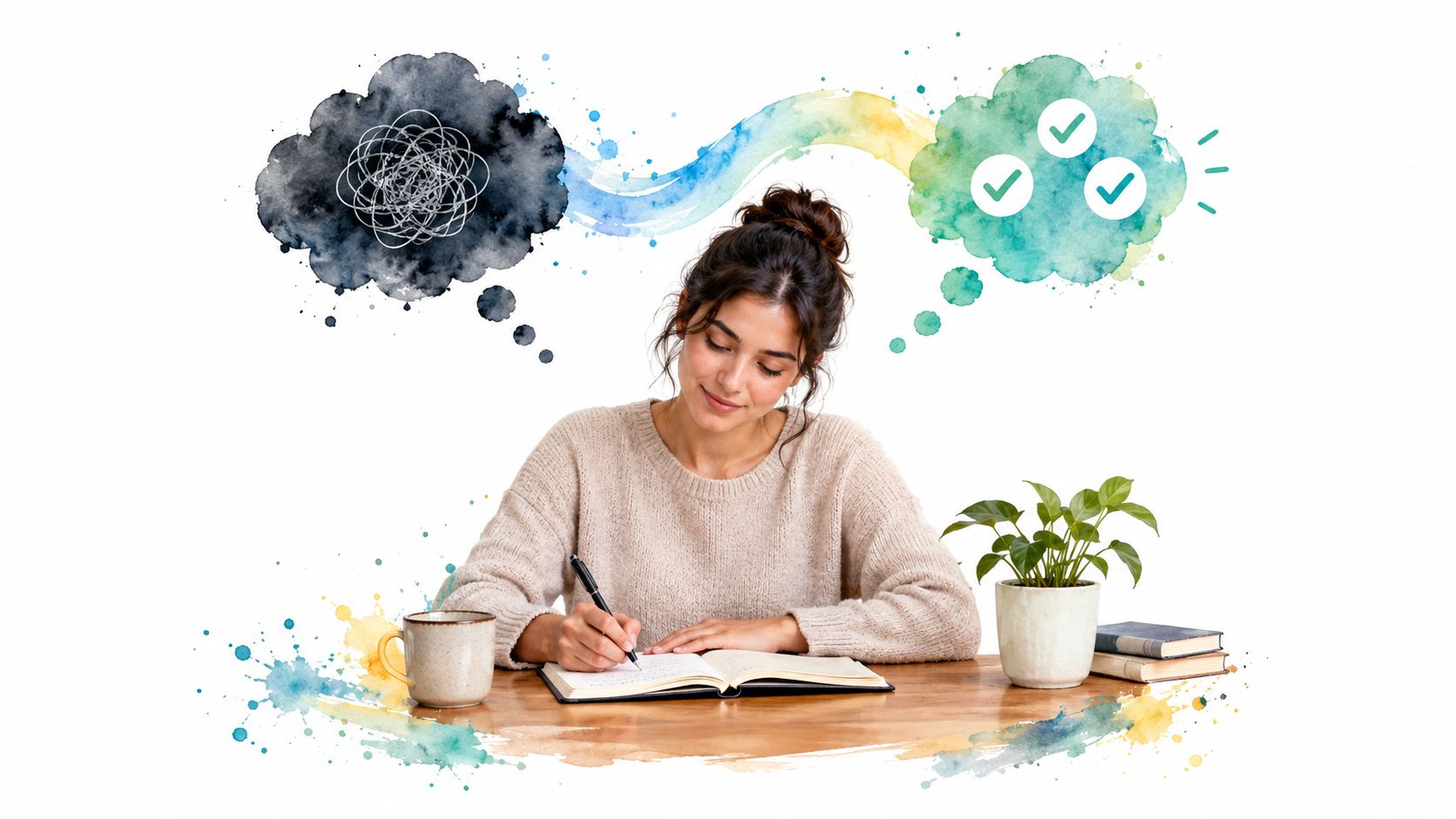 A young woman writing in a journal as she transitions from a state of mental chaos to clarity.