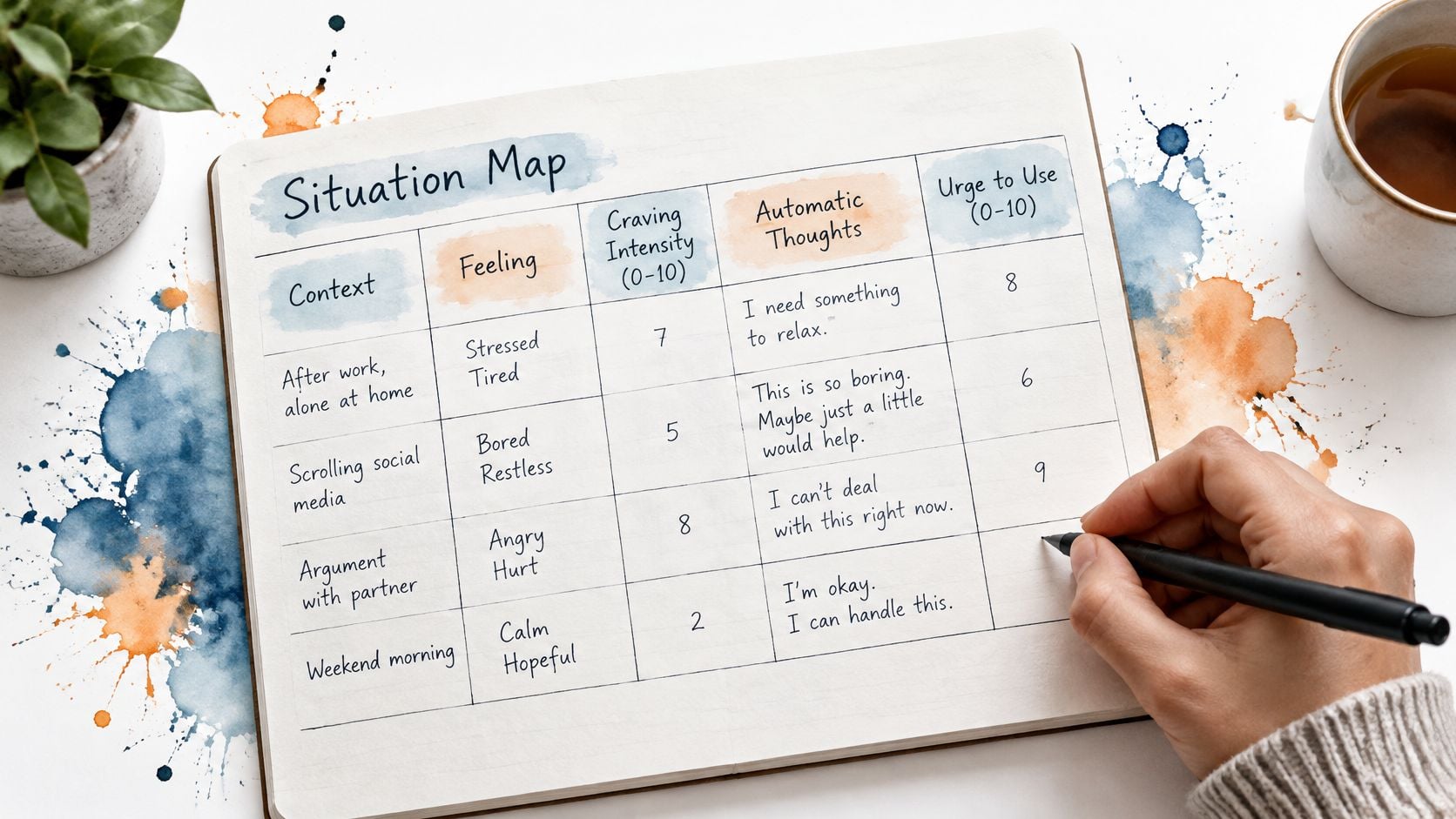A hand filling out a relapse prevention workbook situation map chart on a desk with a plant.
