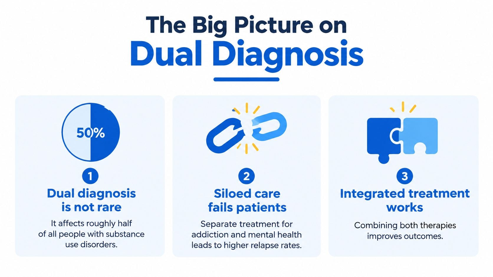 An infographic titled The Big Picture on Dual Diagnosis explaining why integrated treatment for substance use disorders is effective.