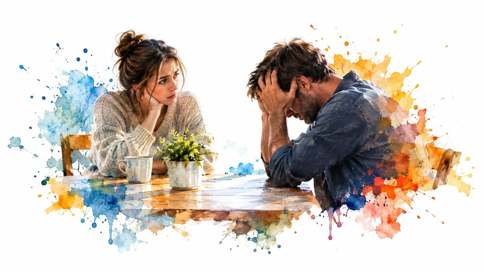 A distressed couple having a difficult conversation while sitting together at a wooden table.