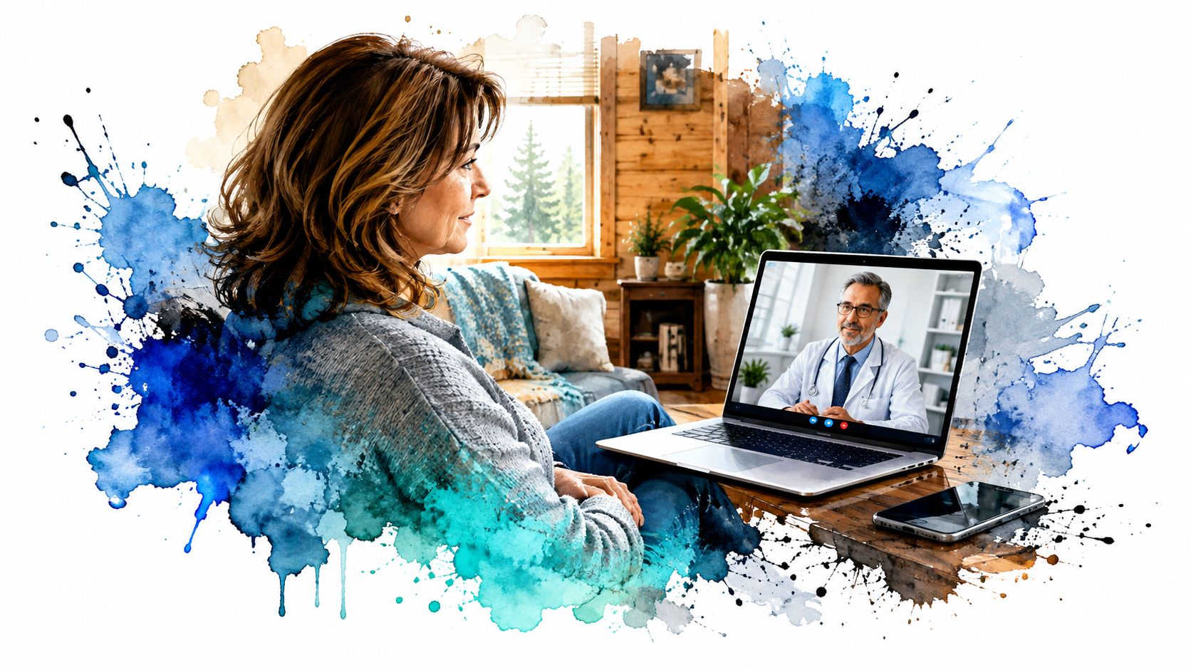 A woman sits comfortably at home, having a video consultation on her laptop with a professional doctor.