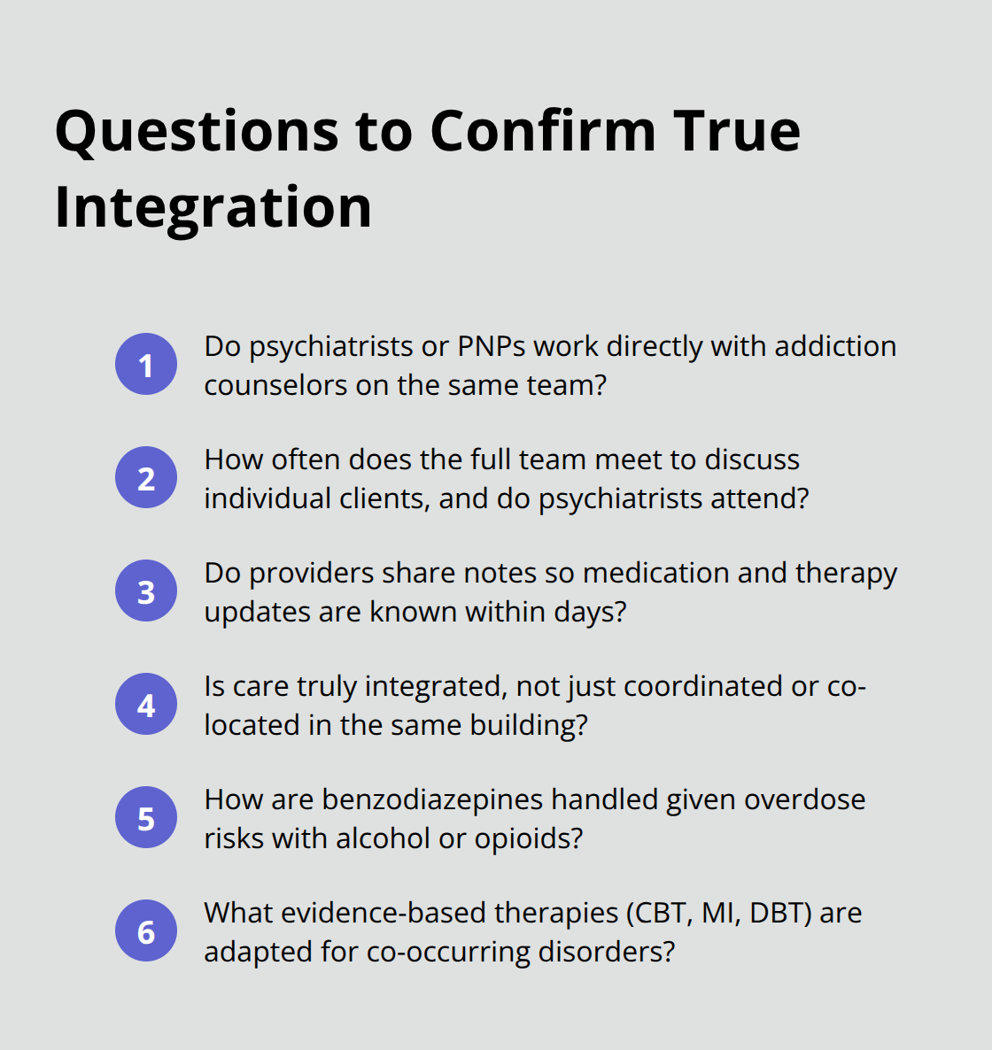 Compact checklist of key questions to verify a program offers fully integrated co-occurring care. - cooccurring disorder treatment