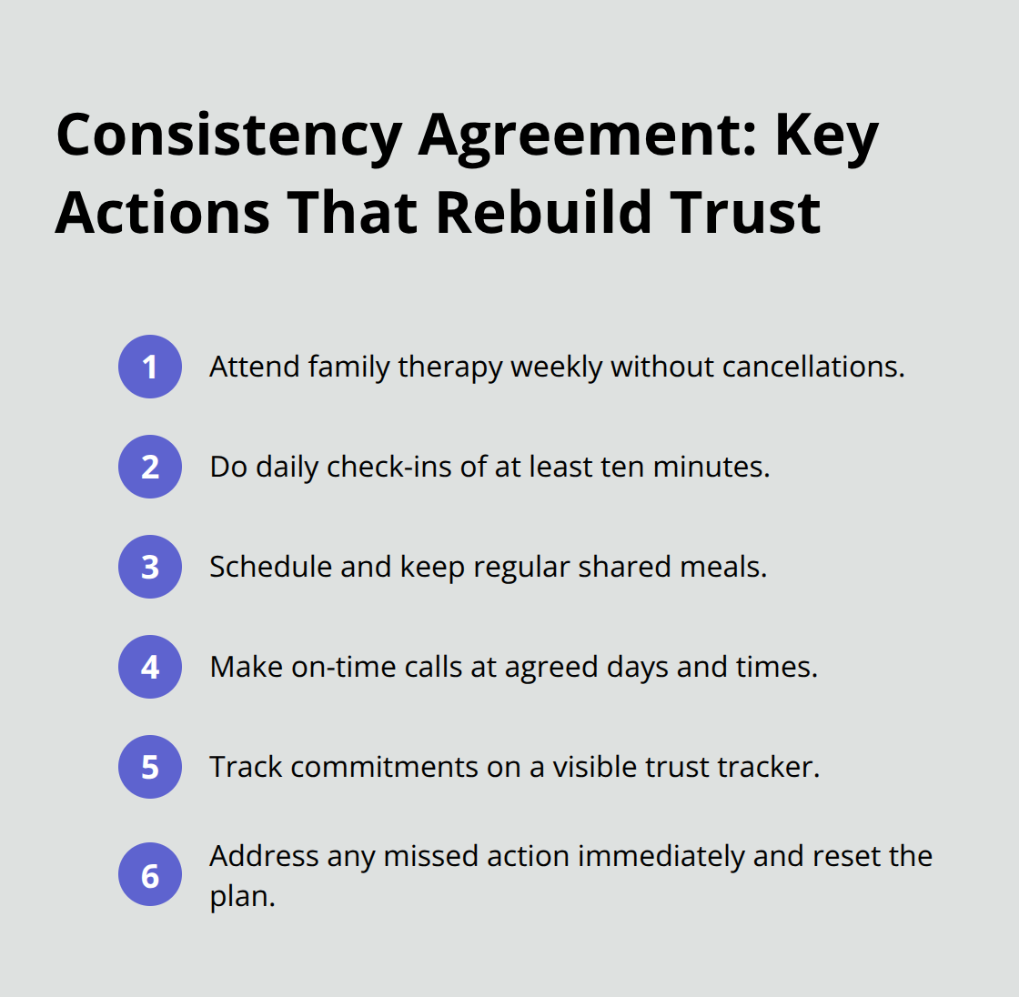 Compact list of specific, repeatable actions families in the U.S. can use to rebuild trust after addiction. - family reconciliation after addiction