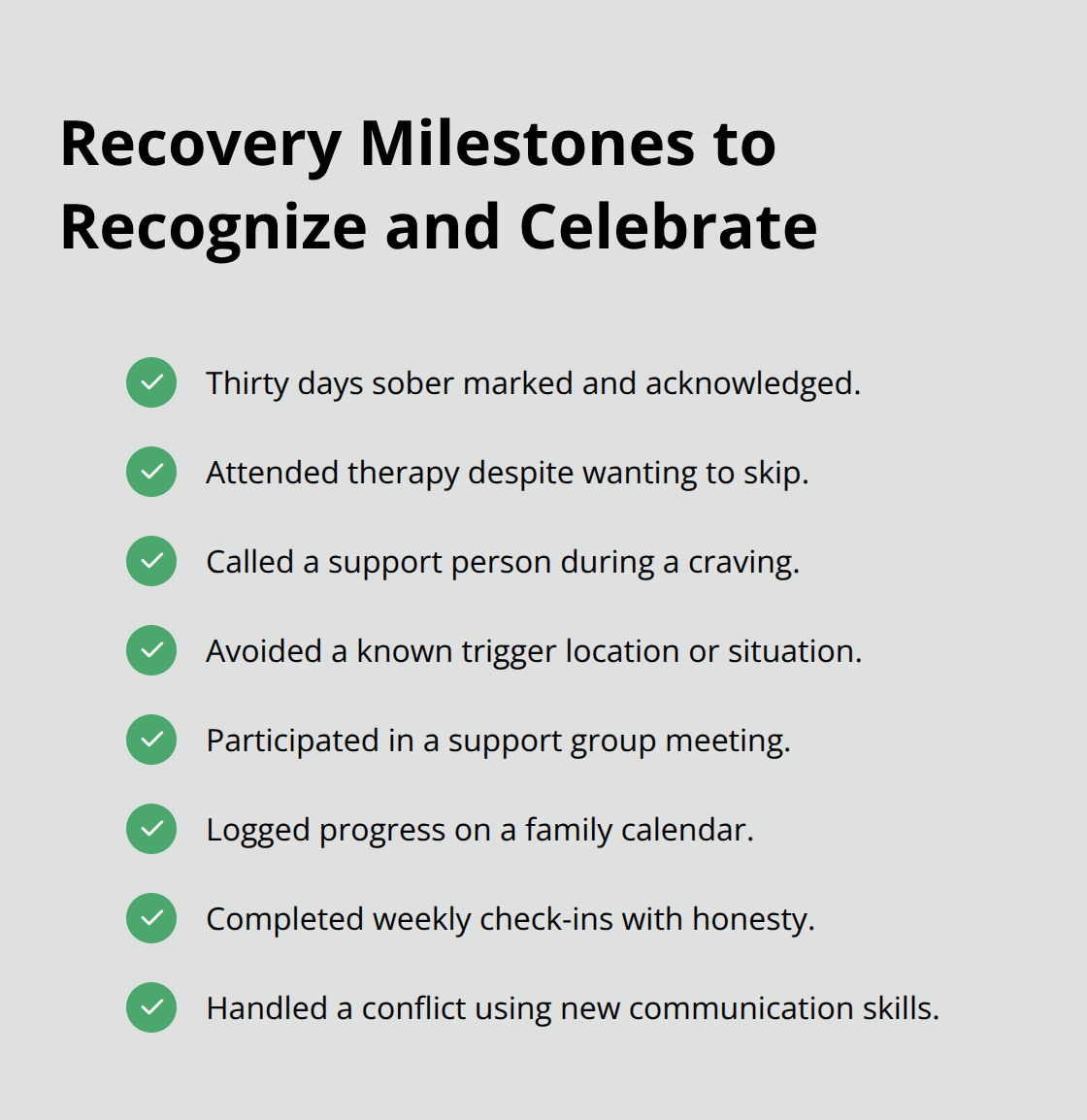 Checkmark list of recovery milestones and effort-based wins for U.S. families supporting sobriety. - family reconciliation after addiction