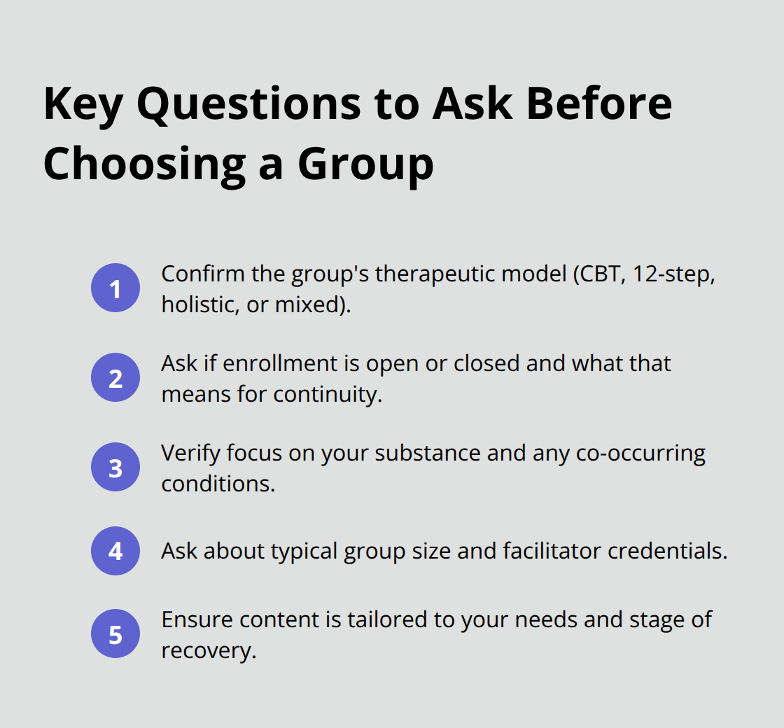 Compact checklist of essential questions to evaluate group therapy programs.