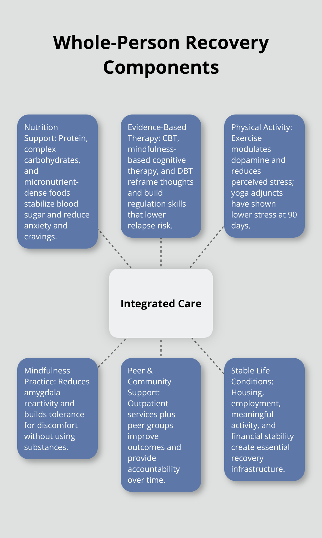 Hub-and-spoke diagram showing integrated care at the center with six spokes: nutrition, therapy, exercise, mindfulness, community support, and life stability. - holistic addiction treatment options