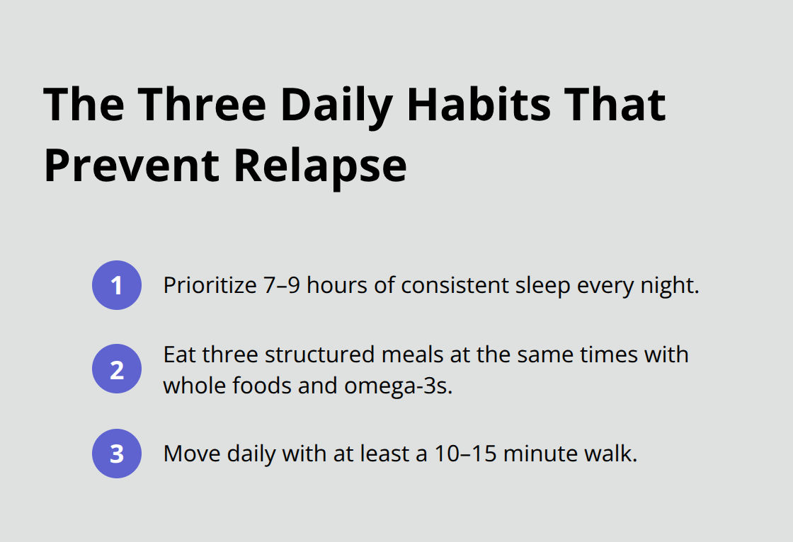 Compact list summarizing the three daily habits for relapse prevention - importance of self care in addiction recovery
