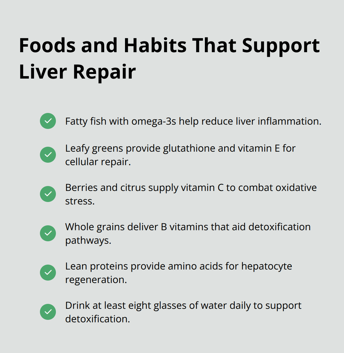 Checklist of foods and hydration habits that help reduce inflammation and support liver regeneration. - liver recovery after quitting