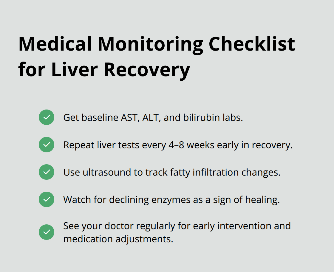 Action checklist for labs, imaging, and follow-ups during liver recovery.