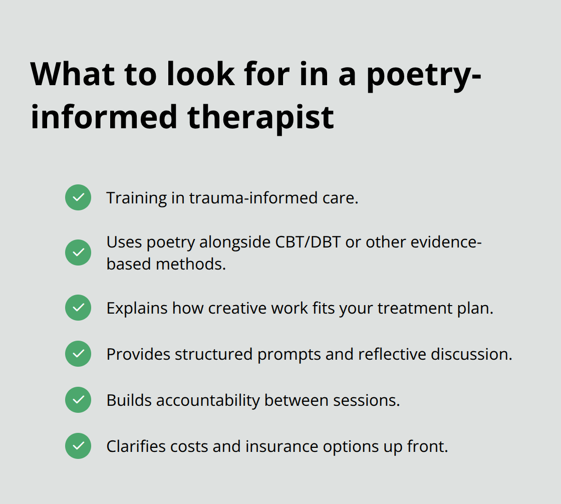 Checkmark list of therapist criteria for integrating poetry with evidence-based care