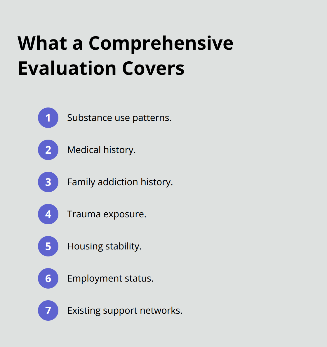 Core domains reviewed during a comprehensive recovery assessment - personalized recovery plans