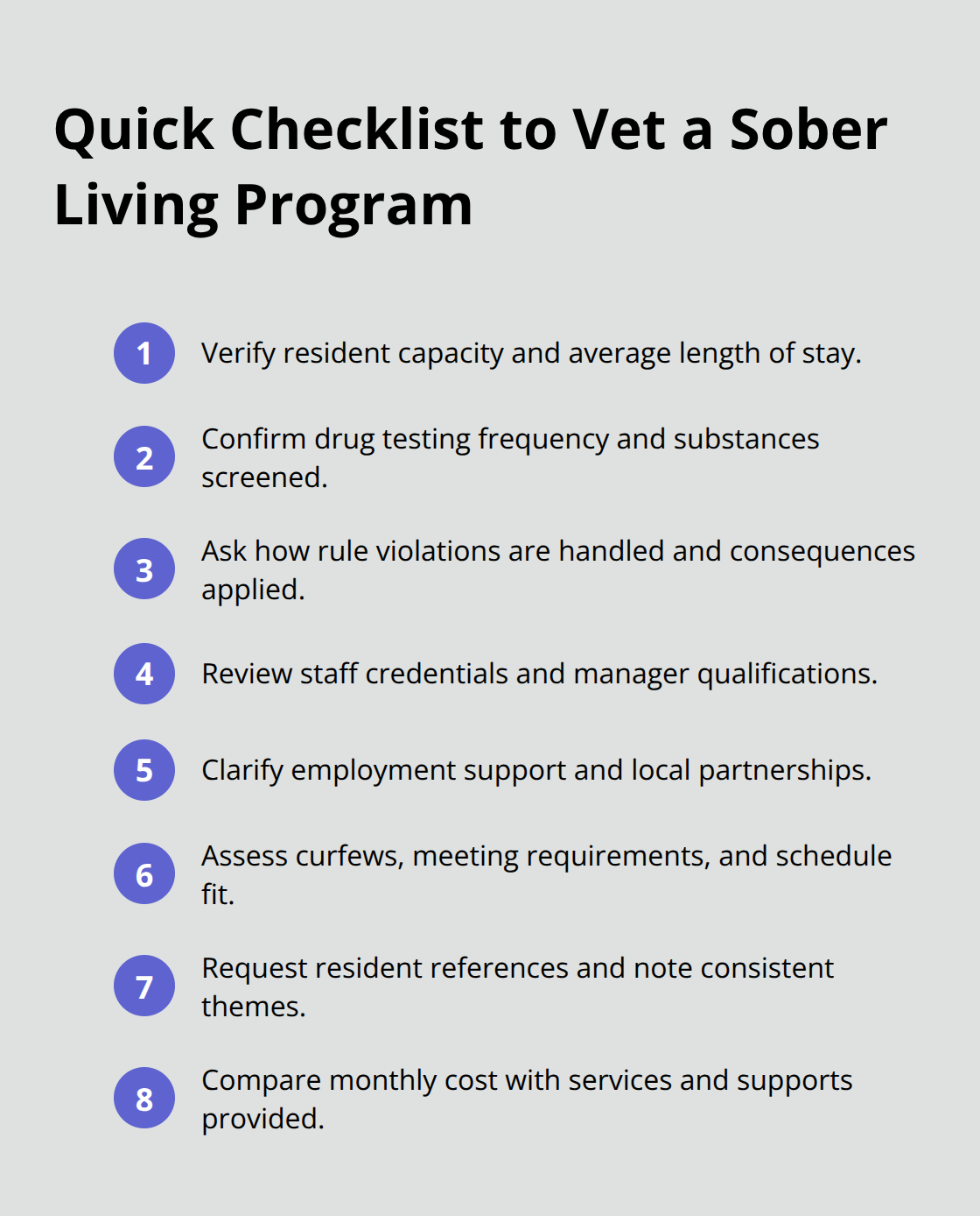 Ordered checklist of key questions to evaluate a sober living home - sober living homes for men