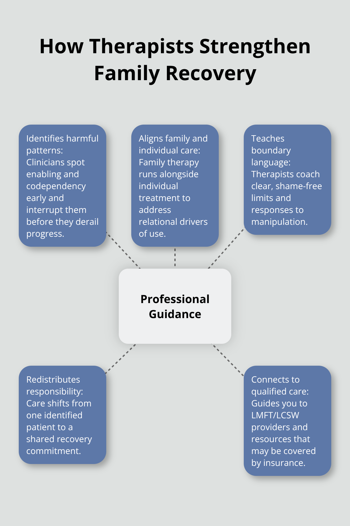 Hub-and-spoke showing key ways professional guidance supports family recovery - support networks for families