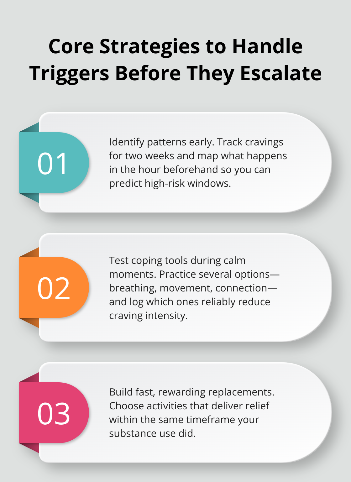 Three-step overview for identifying triggers, testing coping tools, and replacing habits with rewarding behaviors. - tools to stay sober